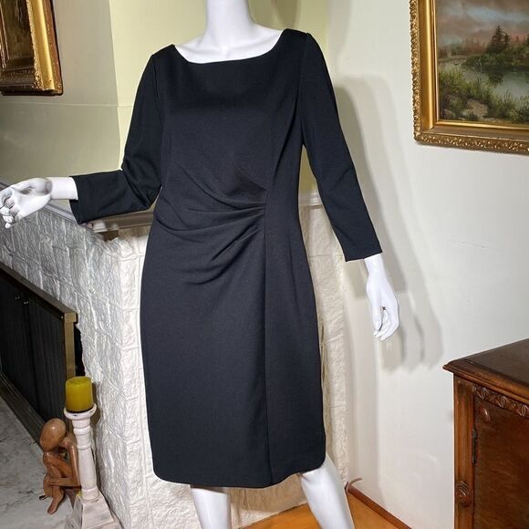 Tahari LBD Classic Fitted Rushed Waist 3/4 Length Sleeves Dress - Picture 3 of 12